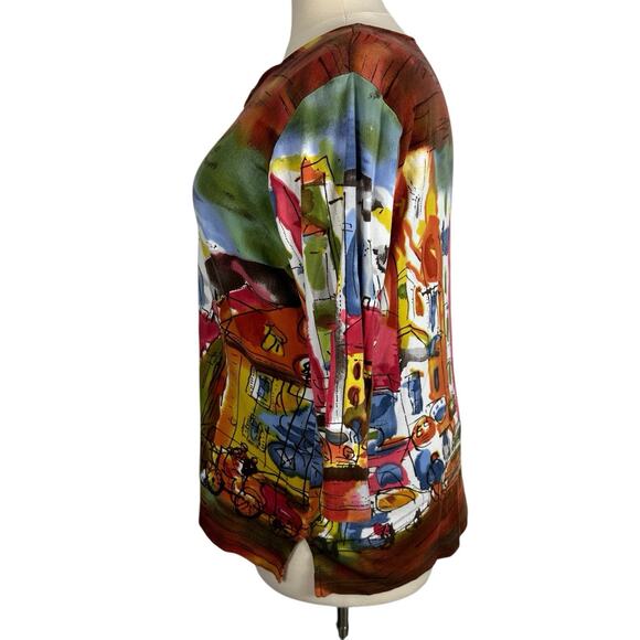 Michael Leu Top Women 2X Watercolor Colorful Cityscape Statement Artsy Vacation - Picture 2 of 13